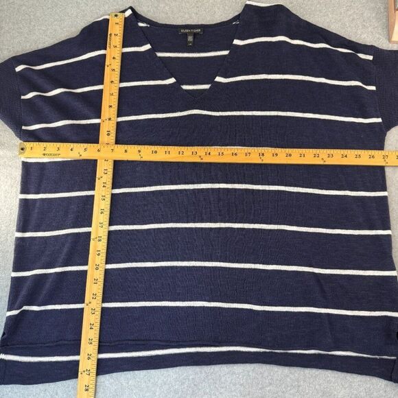 Eileen Fisher Womens Large Navy White Striped V-Neck Organic Linen Cotton Blouse - Picture 2 of 11